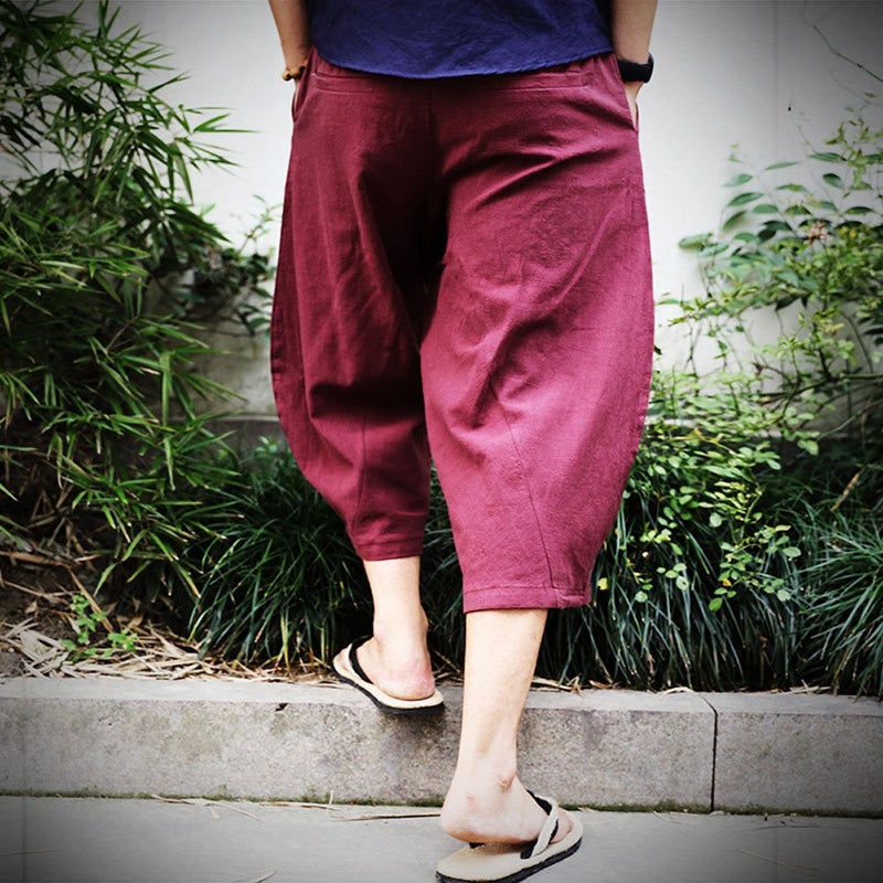 KAMUON Mens Casual Baggy Cotton Linen Pocket Lounge Harem Pants Beach Long Shorts (US L = Asian Tag 3XL : Waist 36"-37", Wine Red) - Image 2